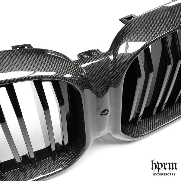 Carbon fiber front grille for BMW X3M / X4M LCI — twill weave surround with gloss black double-slat mesh
